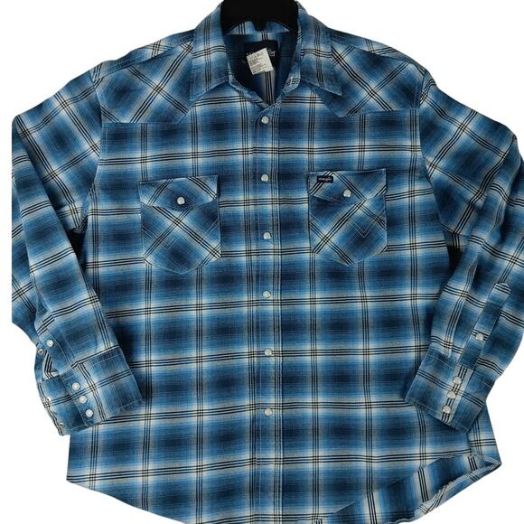 Wrangler Western Shirt Mens XL Blue Plaid Pearl Snap Rodeo Cowboy Twill - Picture 3 of 10